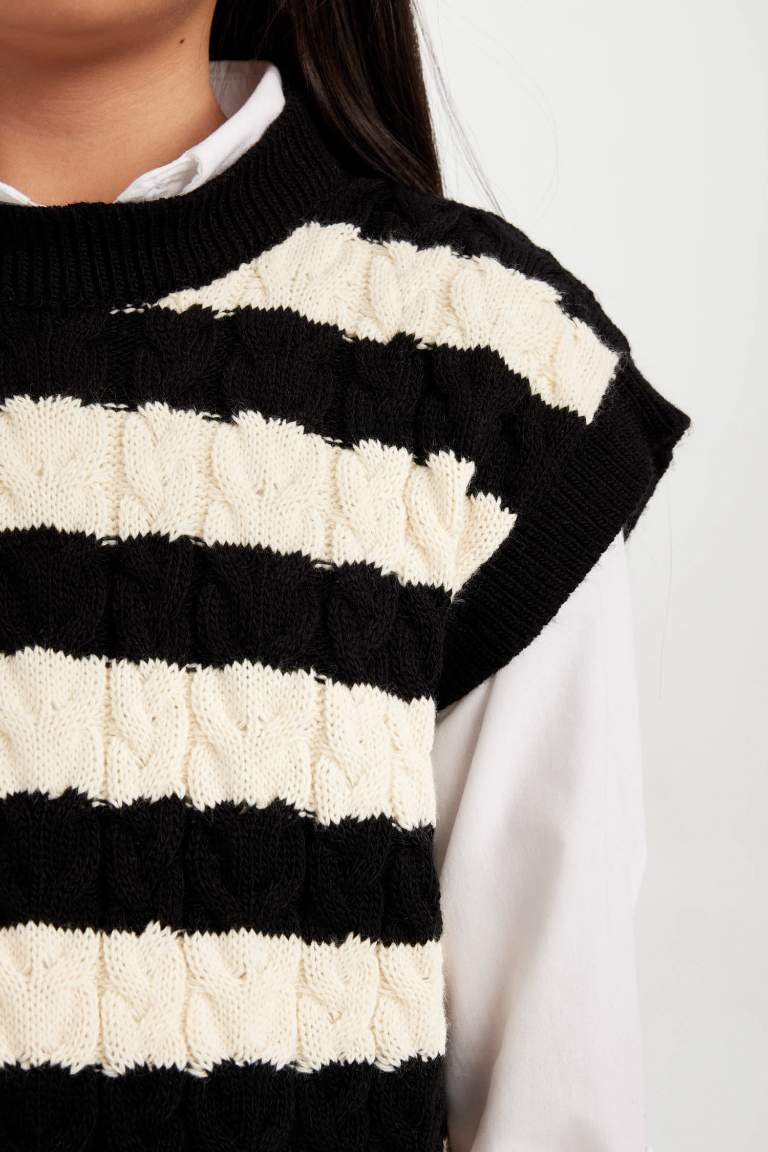 Girl Striped Crew Neck Knit Patterned Pullover