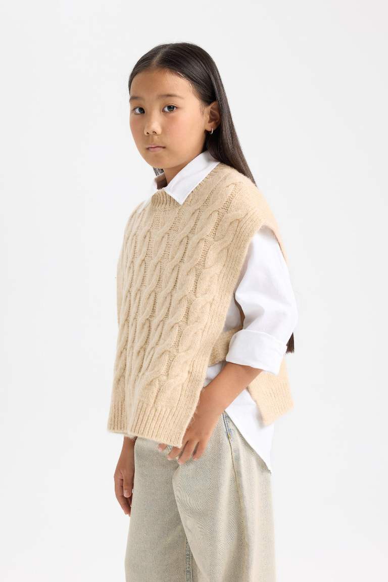 Girl Crew Neck Patterned Knit Vest