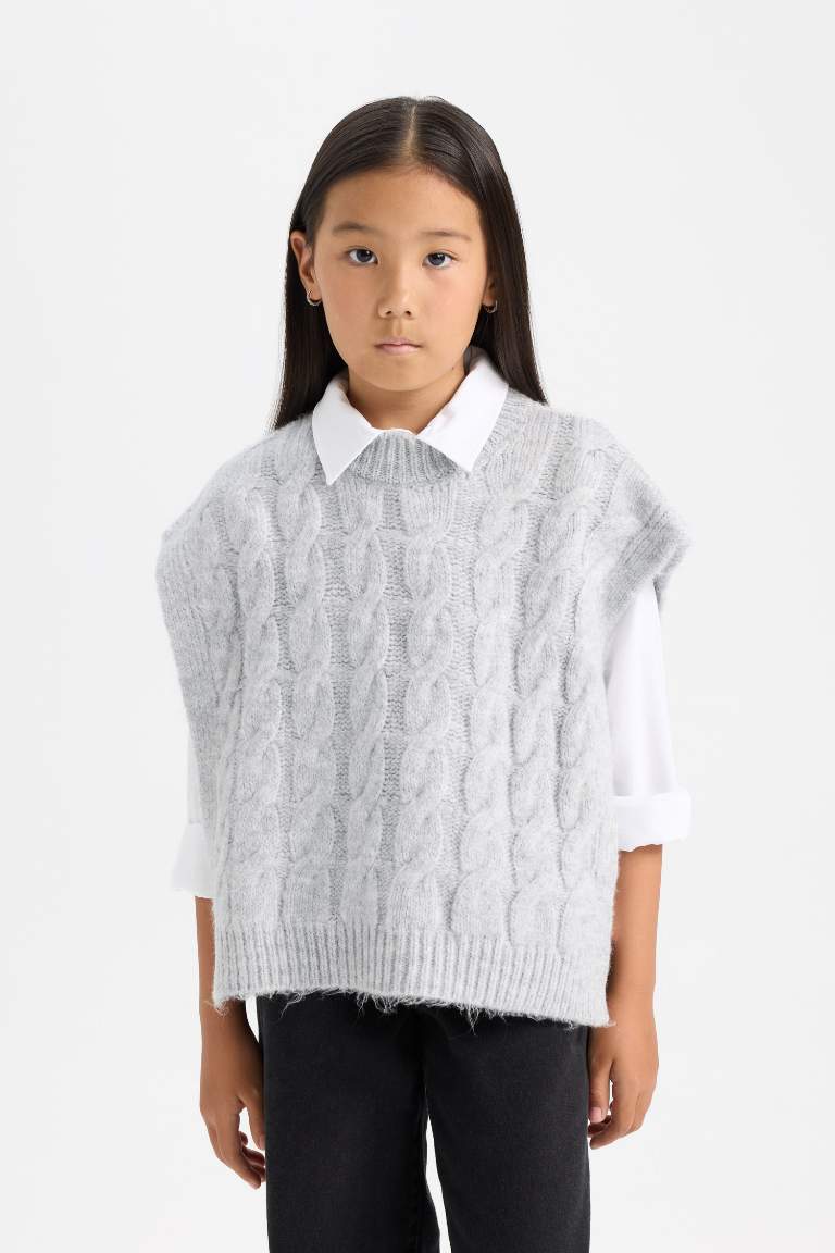 Girl Crew Neck Patterned Knit Vest