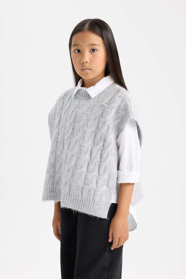 Girl Crew Neck Patterned Knit Vest