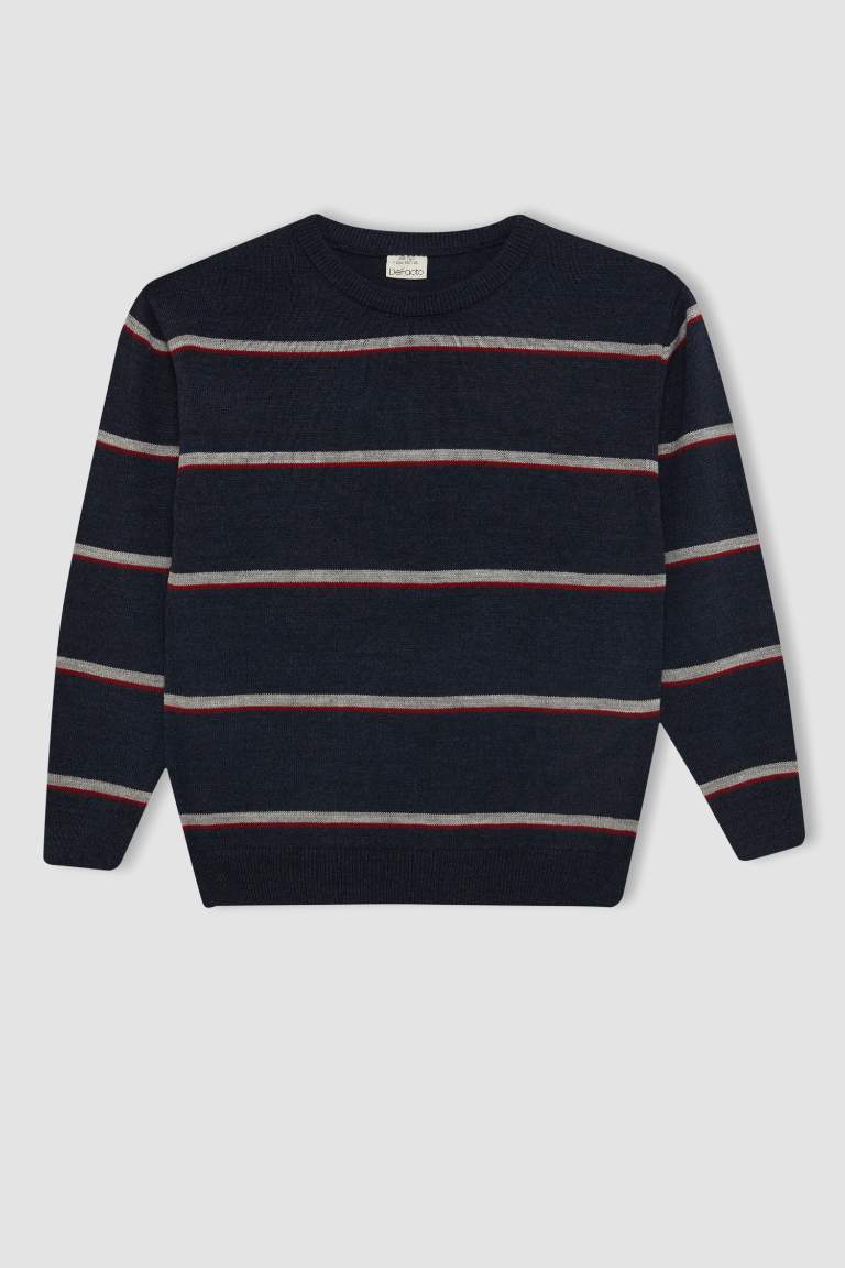 Boy Navy Blue Crew Neck Striped Knitwear Pullover