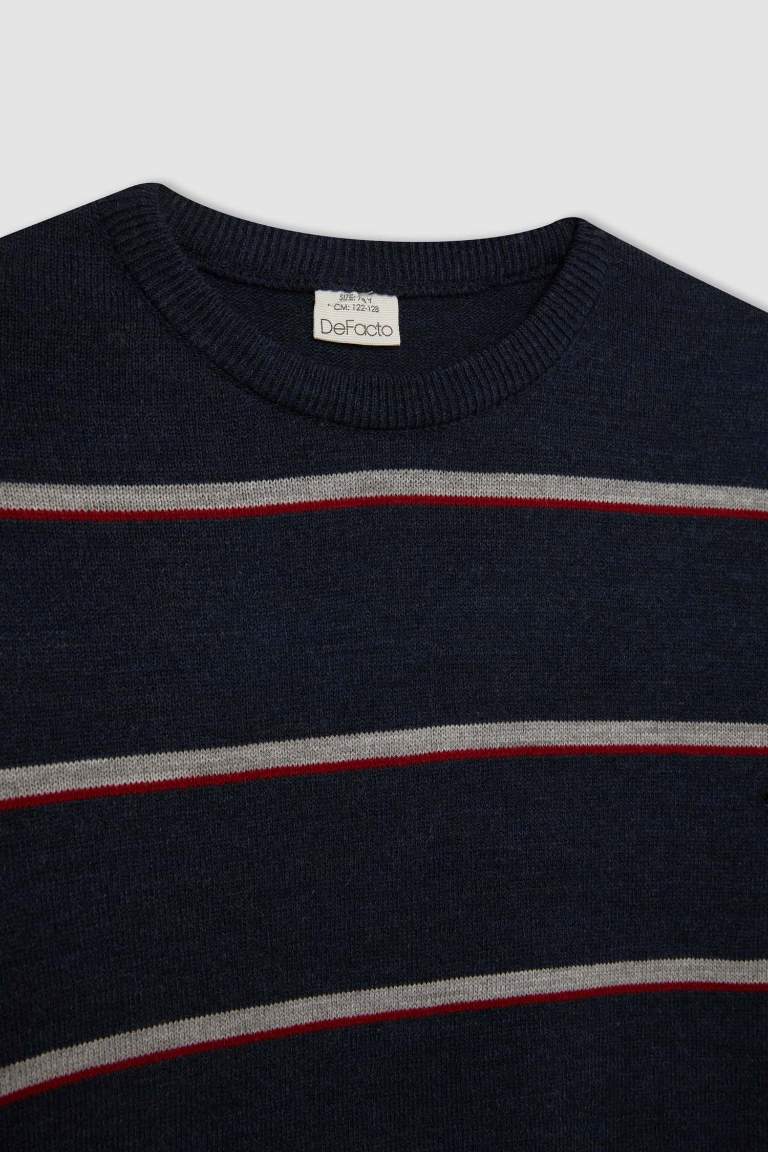 Boy Navy Blue Crew Neck Striped Knitwear Pullover