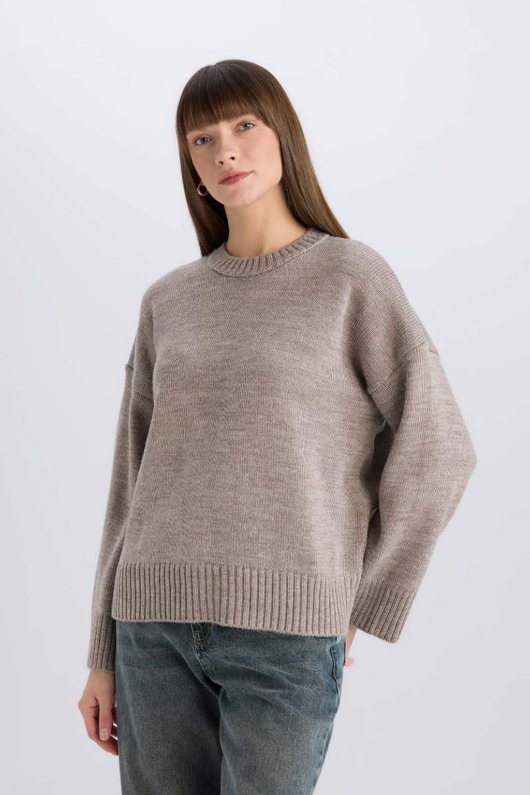 Oversize Fit Crew Neck Basic Knitted Pullover