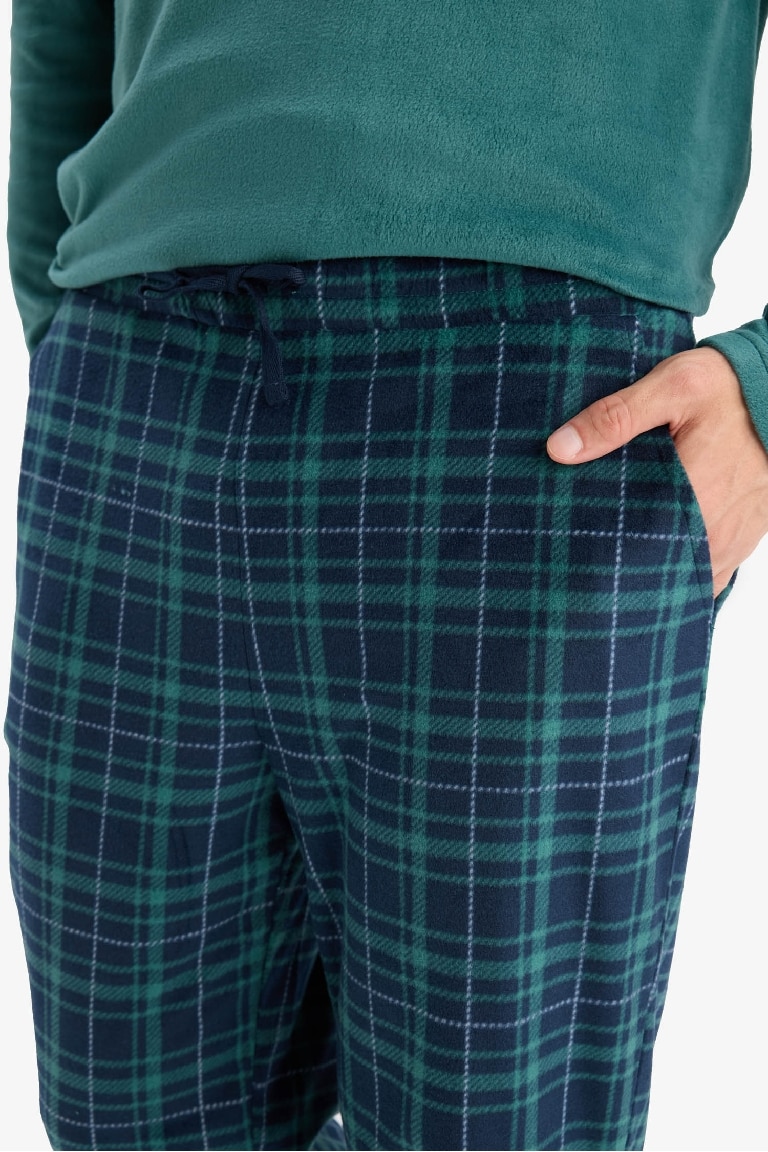 Pijama Takımı Polar Uzun Kollu Üst Kareli Uzun Alt