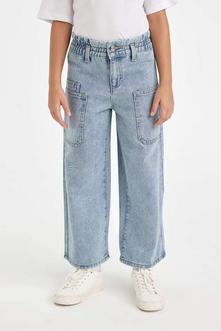 Kız Çocuk Wide Leg Geniş Bol Paça Beli Lastikli Cepli Jean Pantolon