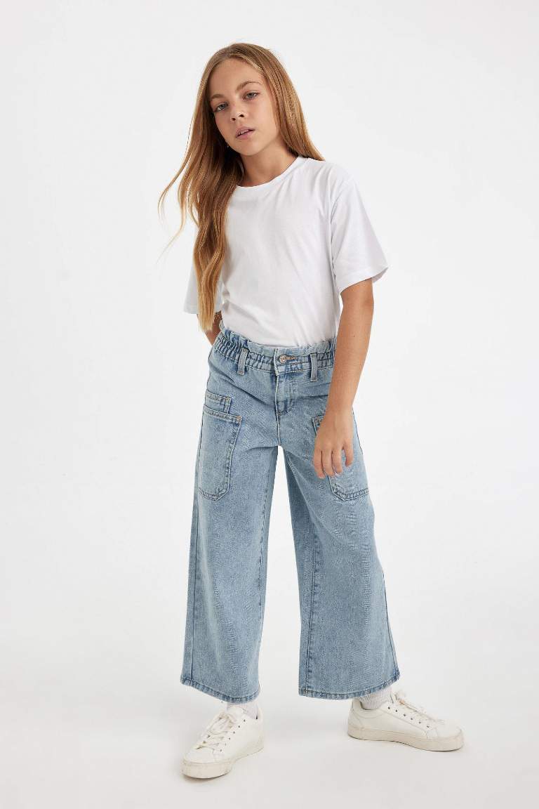 Kız Çocuk Wide Leg Geniş Bol Paça Beli Lastikli Cepli Jean Pantolon