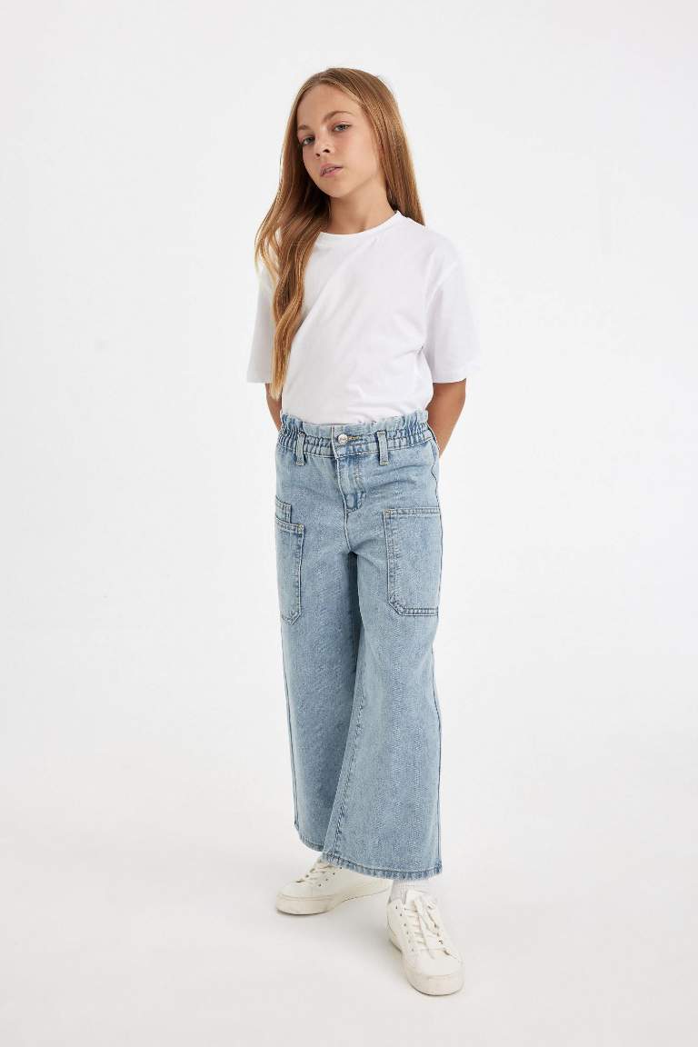 Kız Çocuk Wide Leg Geniş Bol Paça Beli Lastikli Cepli Jean Pantolon