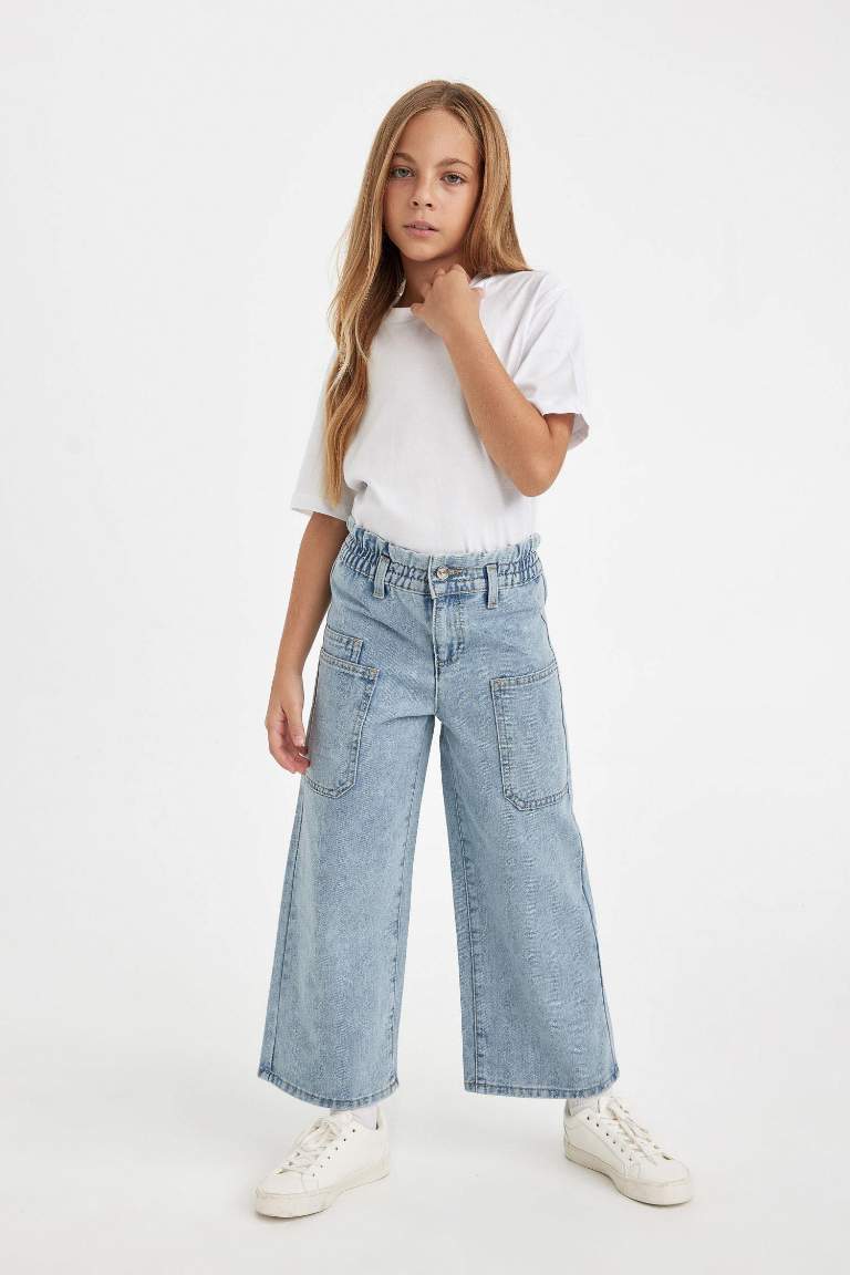 Kız Çocuk Wide Leg Geniş Bol Paça Beli Lastikli Cepli Jean Pantolon