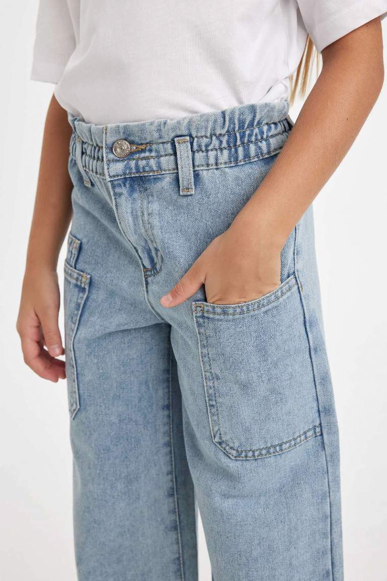 Girl Wide Leg Elastic Waist Pocket Jeans