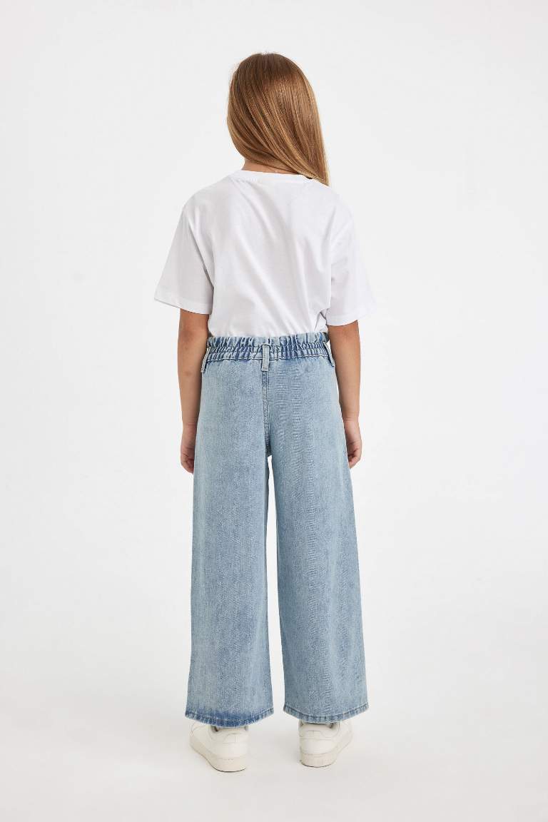 Girl Wide Leg Elastic Waist Pocket Jeans