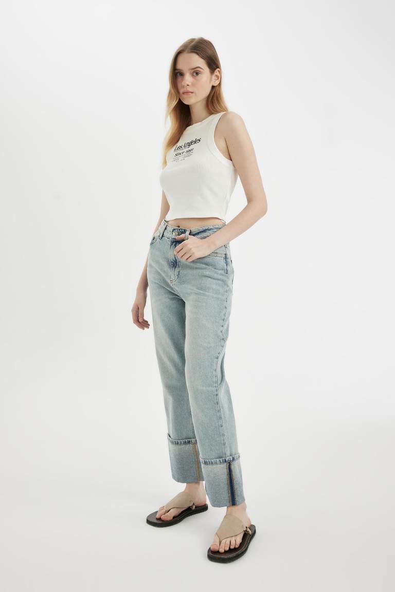 Pantalon en Jean Droit Taille Haute à effet Délavé