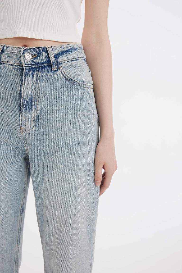 Pantalon en Jean Droit Taille Haute à effet Délavé