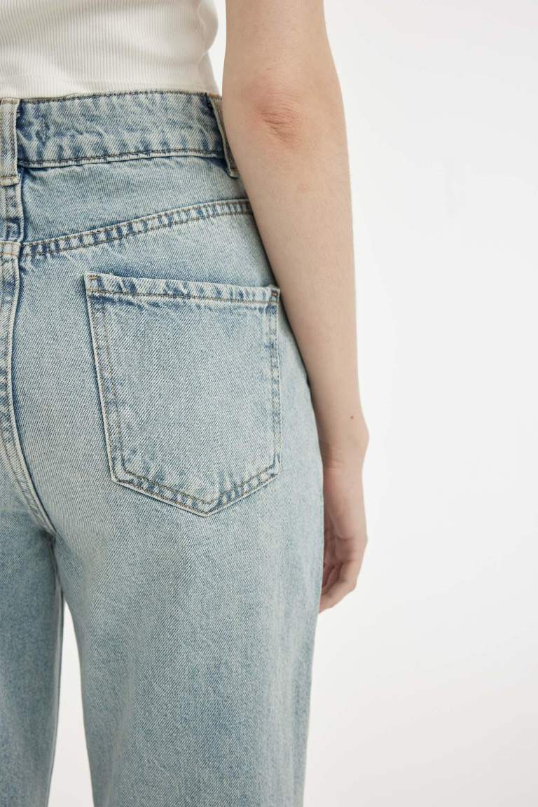 Pantalon en Jean Droit Taille Haute à effet Délavé