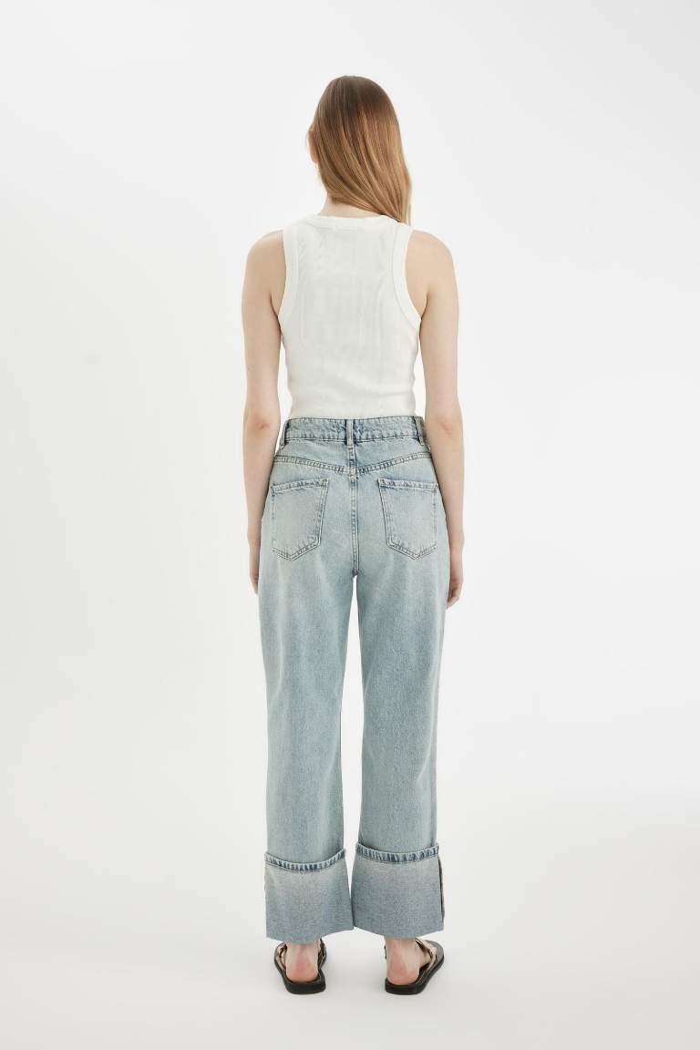 Pantalon en Jean Droit Taille Haute à effet Délavé