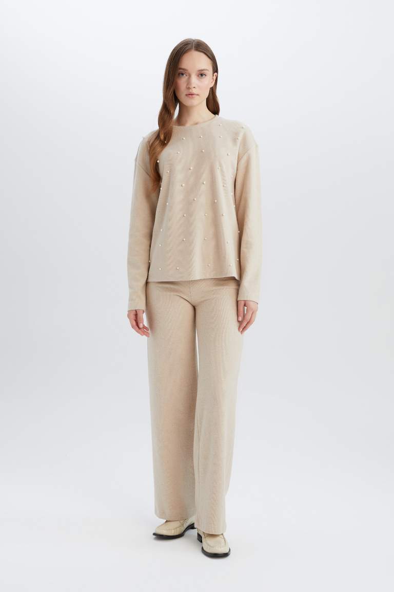 Triko Pantolon Wide Leg Geniş Bol Paça Selanik Kumaş Basic Düz