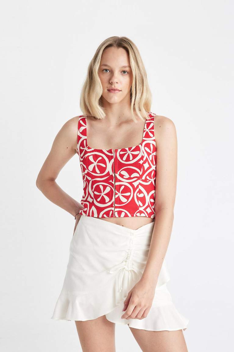 Square Collar Printed Sleeveless Blouse