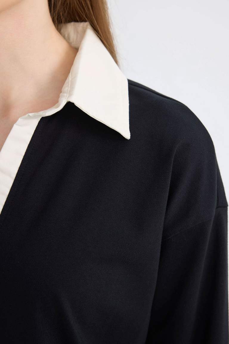 Regular Fit Shirt Collar Hem Detailed Black Sweathirt