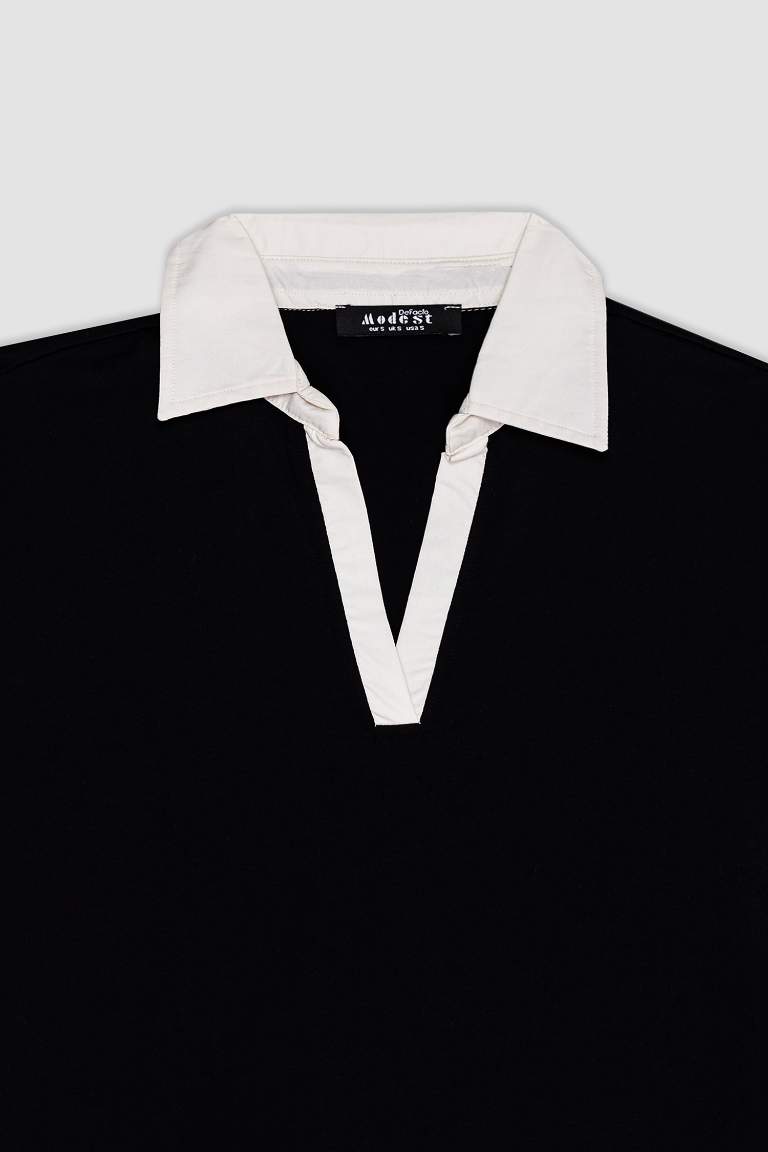 Regular Fit Shirt Collar Hem Detailed Black Sweathirt