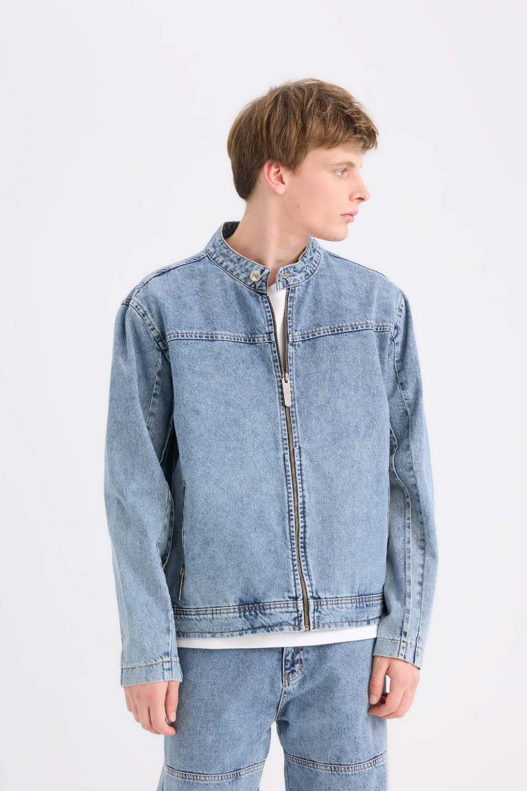 %100 Pamuk Kolej Yaka Fermuarlı Cepli Denim Ceket