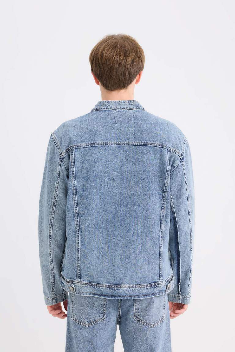 %100 Pamuk Kolej Yaka Fermuarlı Cepli Denim Ceket