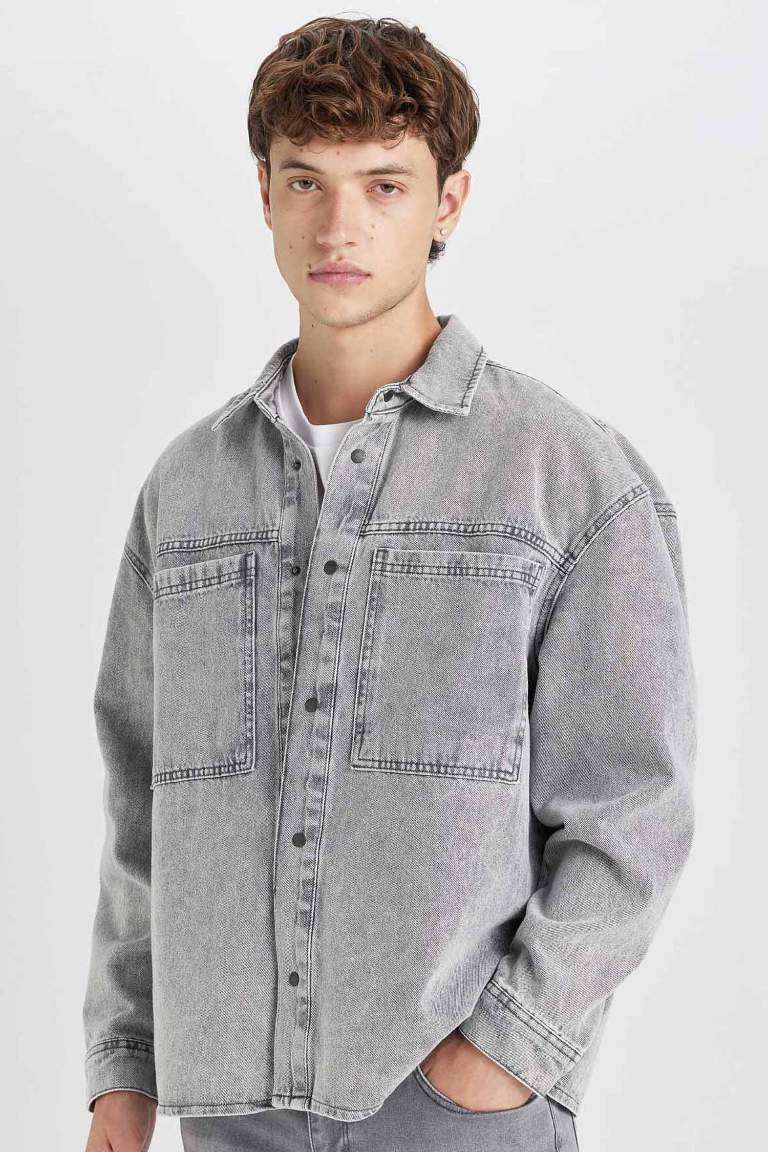 Oversize Fit Polo Collar Cotton Long Sleeve Basic Jean Shirt