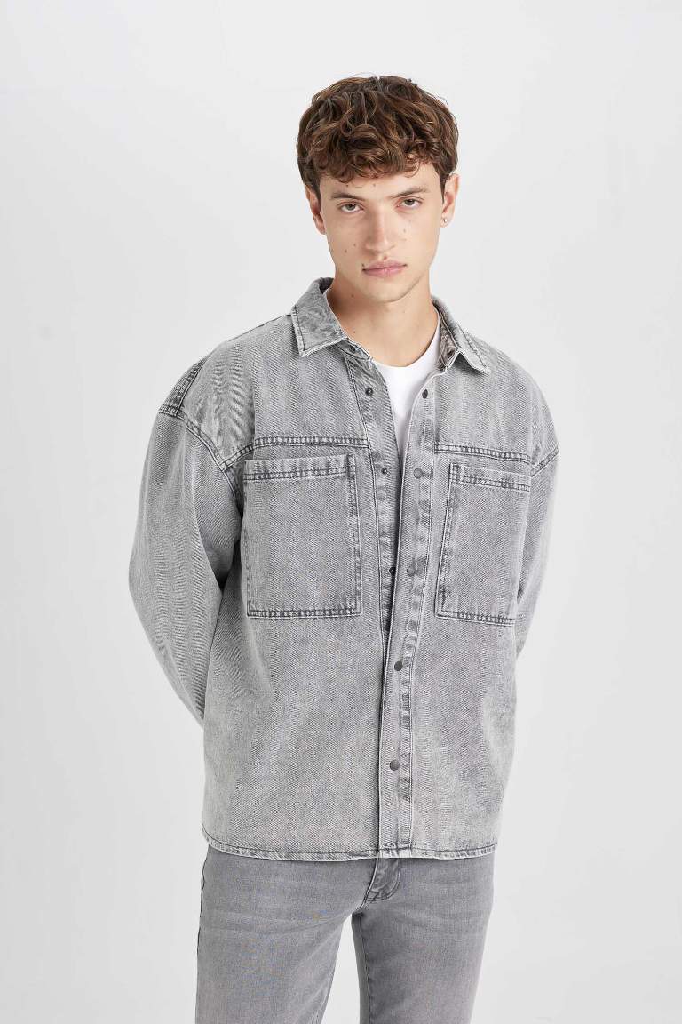 Oversize Fit Polo Collar Cotton Long Sleeve Basic Jean Shirt