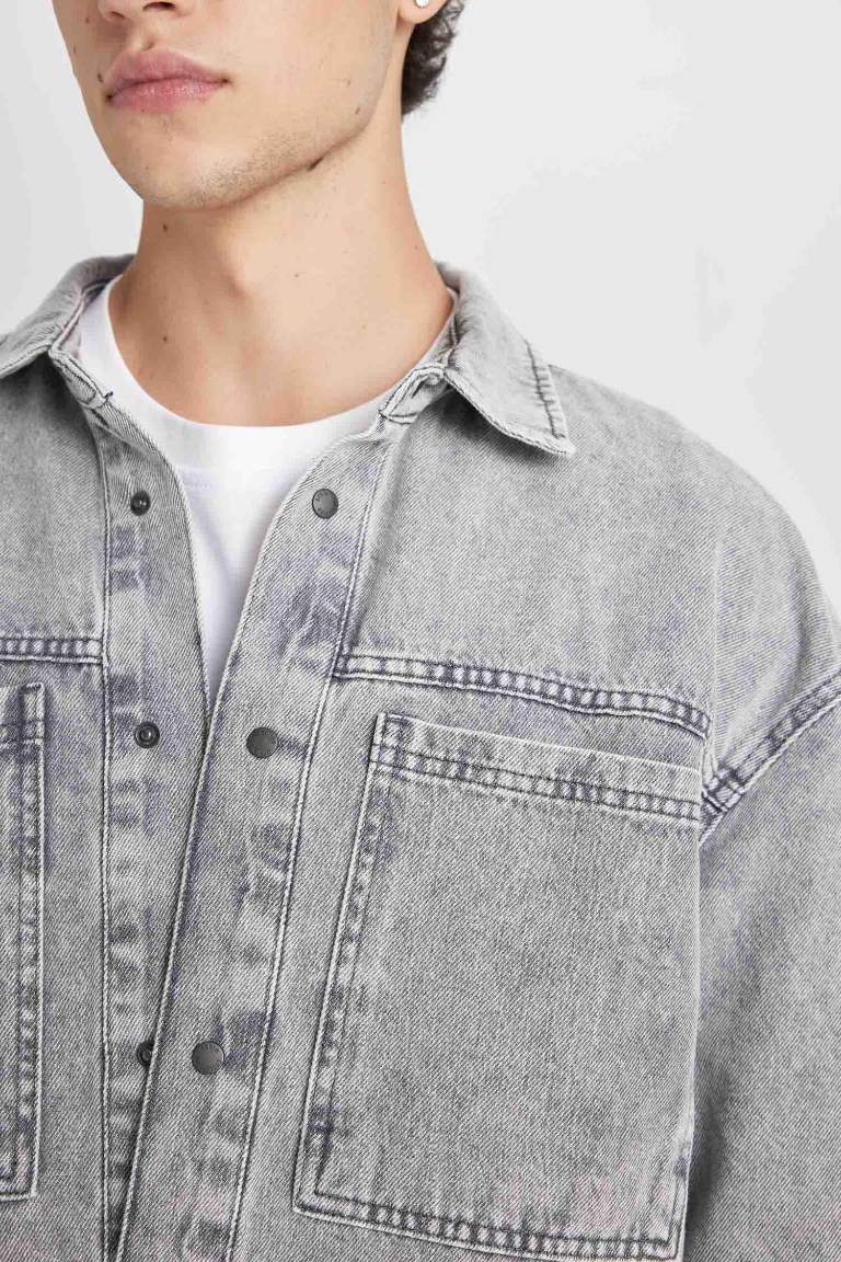 Oversize Fit Polo Collar Cotton Long Sleeve Basic Jean Shirt