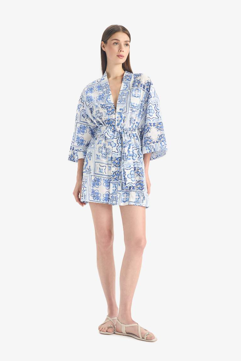 Regular Fit Desenli Kuşaklı Pamuklu Kimono-Fall in Love