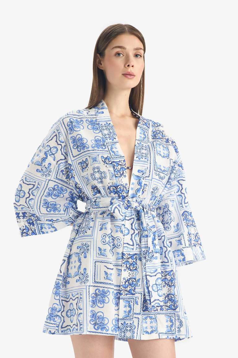 Regular Fit Desenli Kuşaklı Pamuklu Kimono-Fall in Love