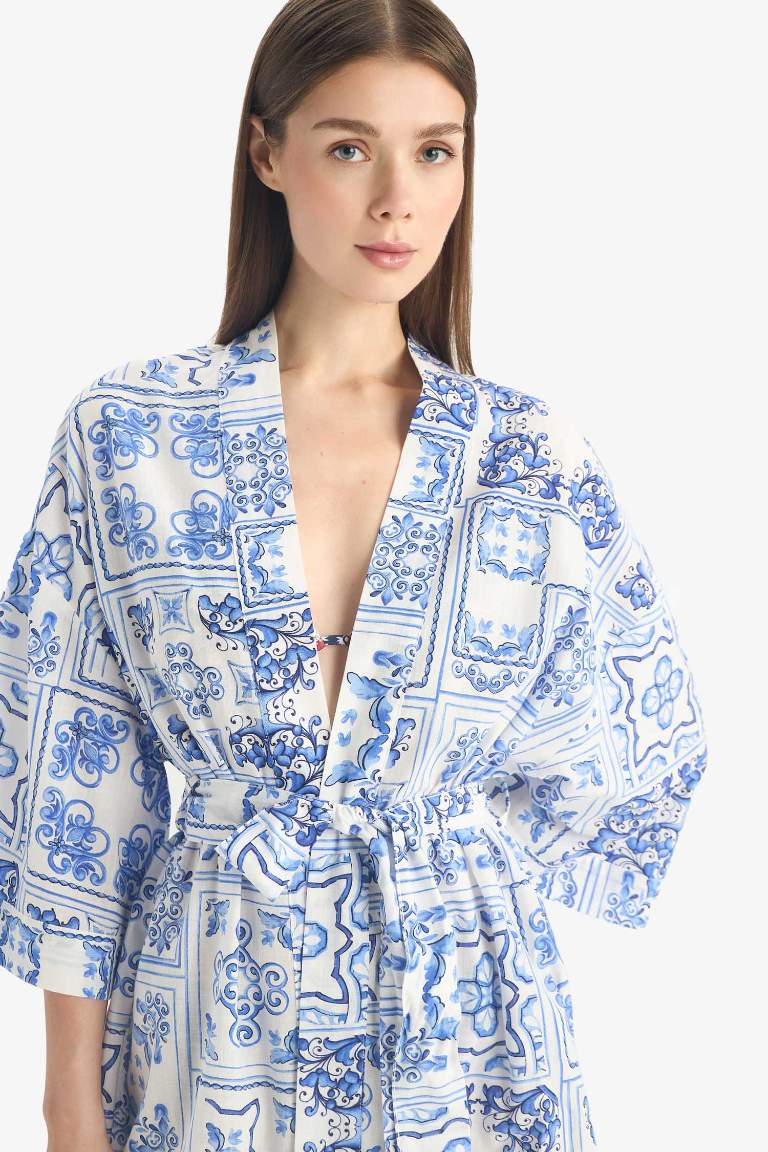 Regular Fit Desenli Kuşaklı Pamuklu Kimono-Fall in Love