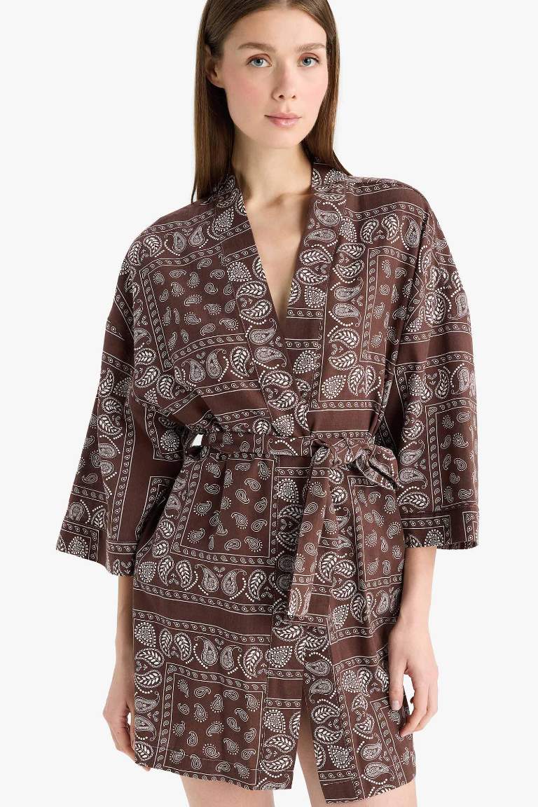 Regular Fit Desenli Kuşaklı Pamuklu Kimono-Fall in Love