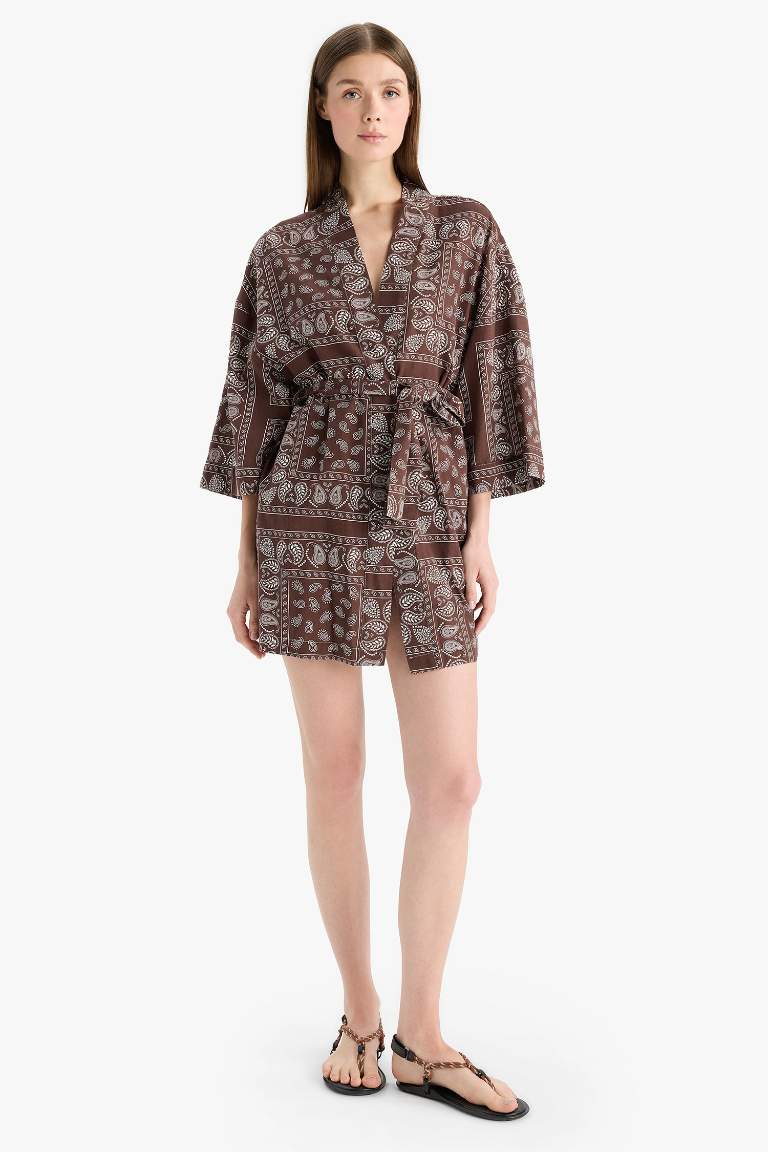 Regular Fit Desenli Kuşaklı Pamuklu Kimono-Fall in Love