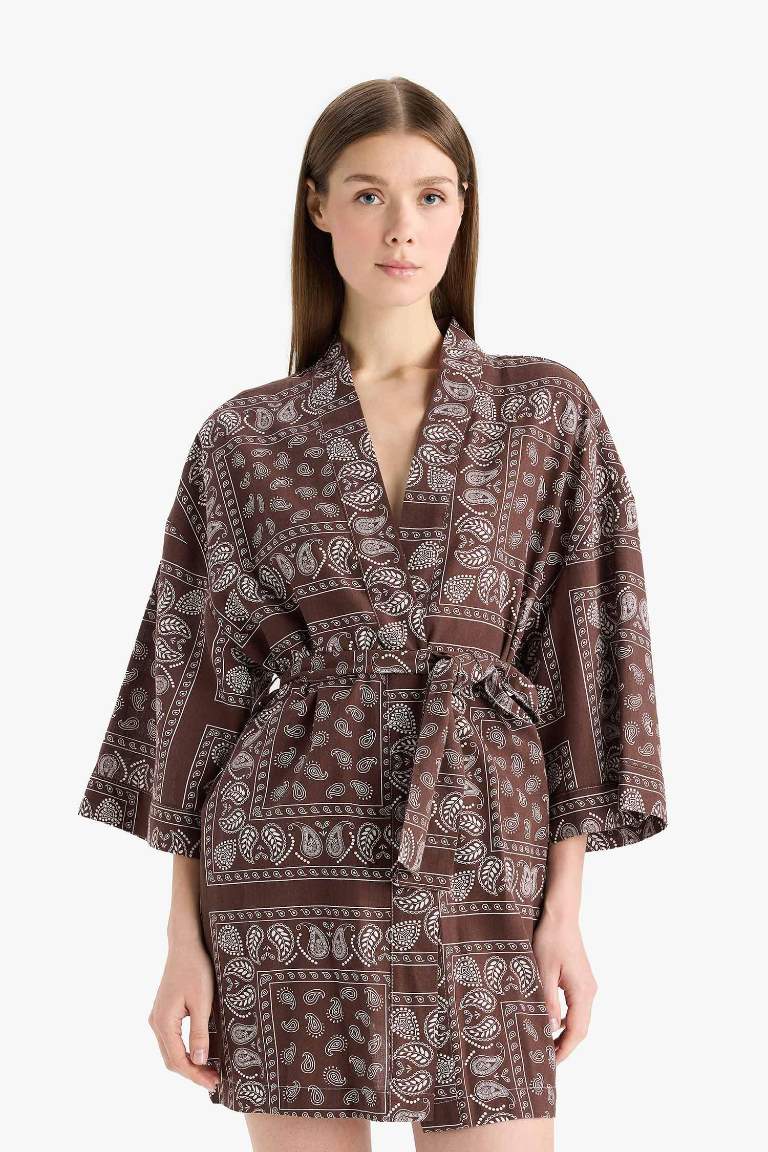 Regular Fit Desenli Kuşaklı Pamuklu Kimono-Fall in Love