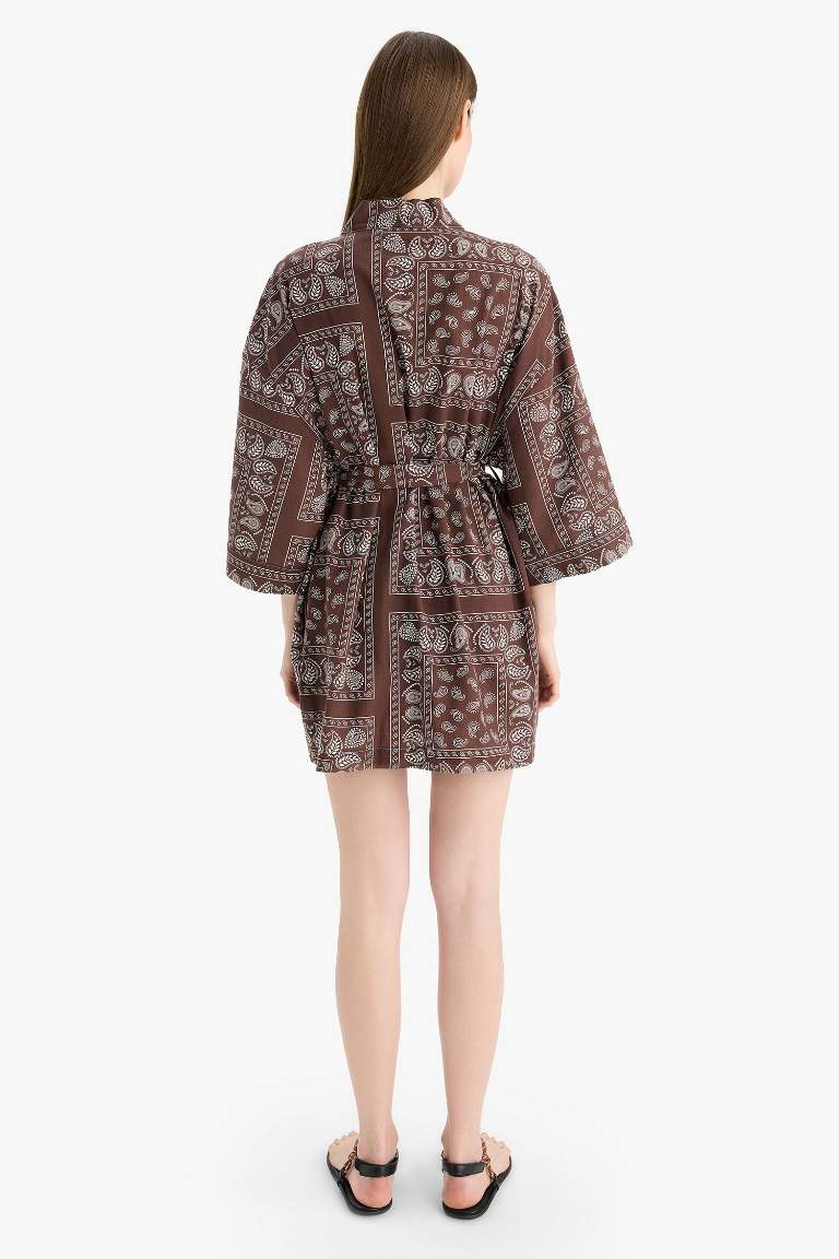 Regular Fit Desenli Kuşaklı Pamuklu Kimono-Fall in Love
