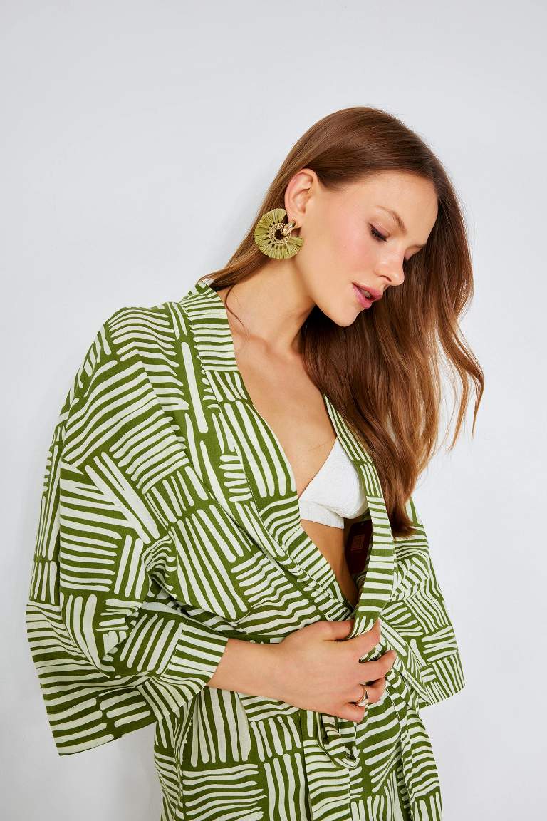 Regular Fit Desenli Kuşaklı Pamuklu Kimono-Fall in Love