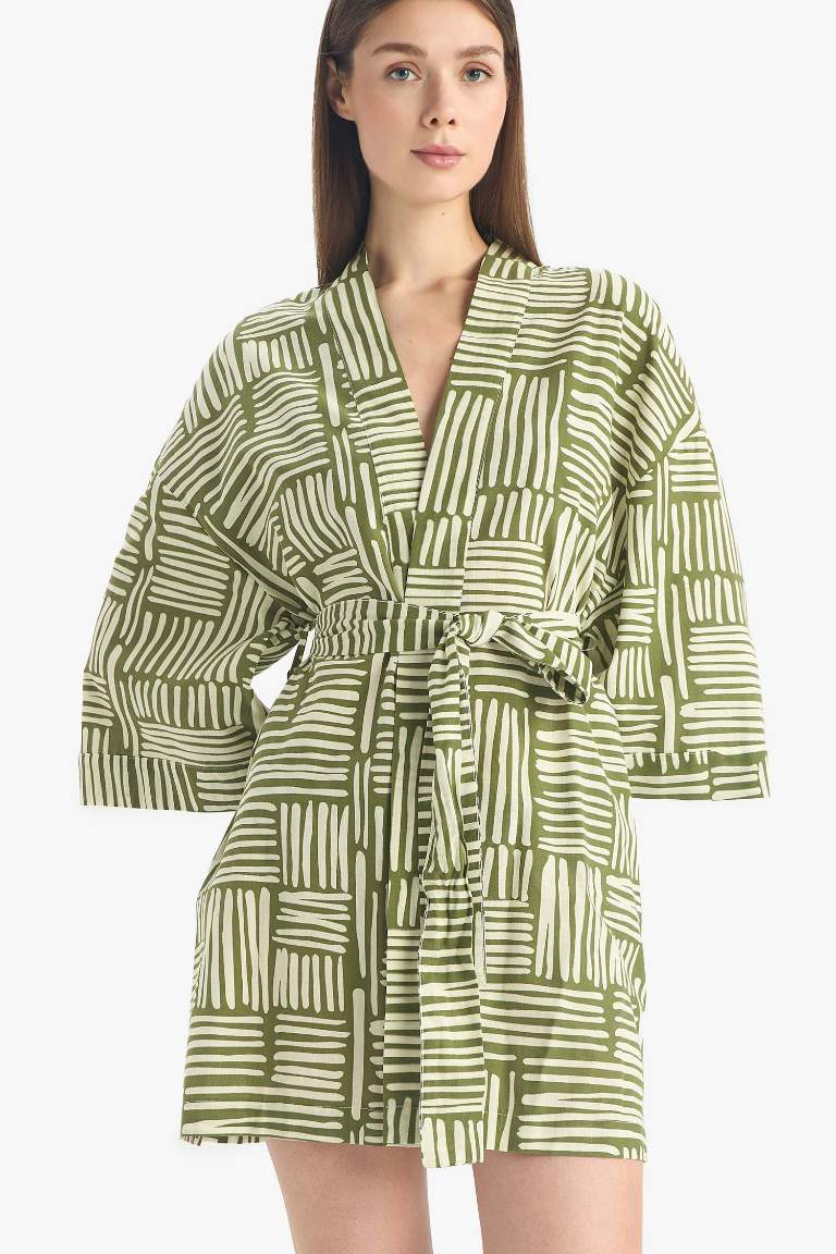 Regular Fit Desenli Kuşaklı Pamuklu Kimono-Fall in Love