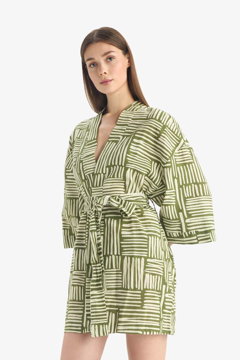Regular Fit Desenli Kuşaklı Pamuklu Kimono-Fall in Love
