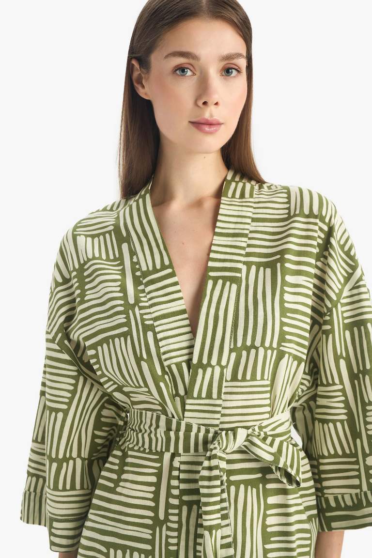 Regular Fit Desenli Kuşaklı Pamuklu Kimono-Fall in Love