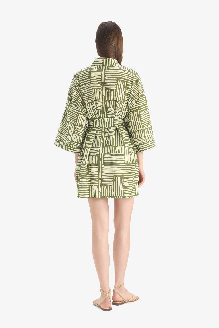 Regular Fit Desenli Kuşaklı Pamuklu Kimono-Fall in Love