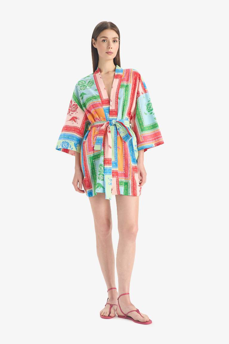 Regular Fit Desenli Kuşaklı Pamuklu Kimono-Fall in Love