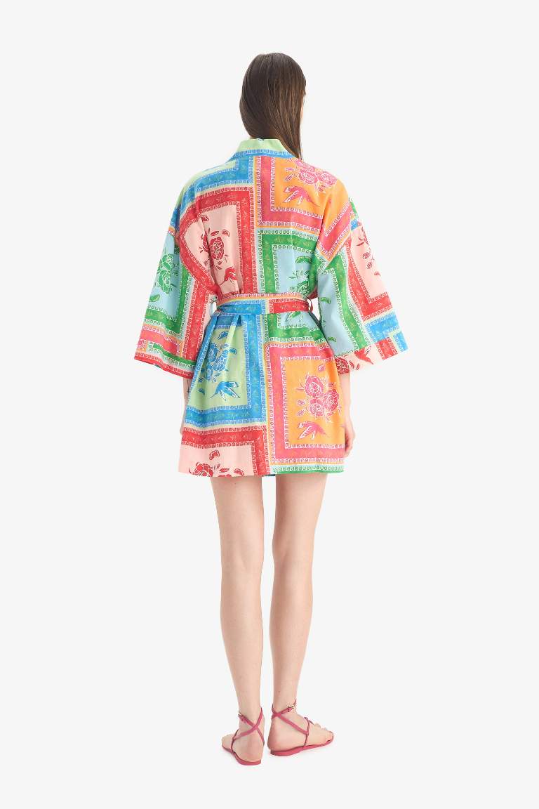 Regular Fit Desenli Kuşaklı Pamuklu Kimono-Fall in Love