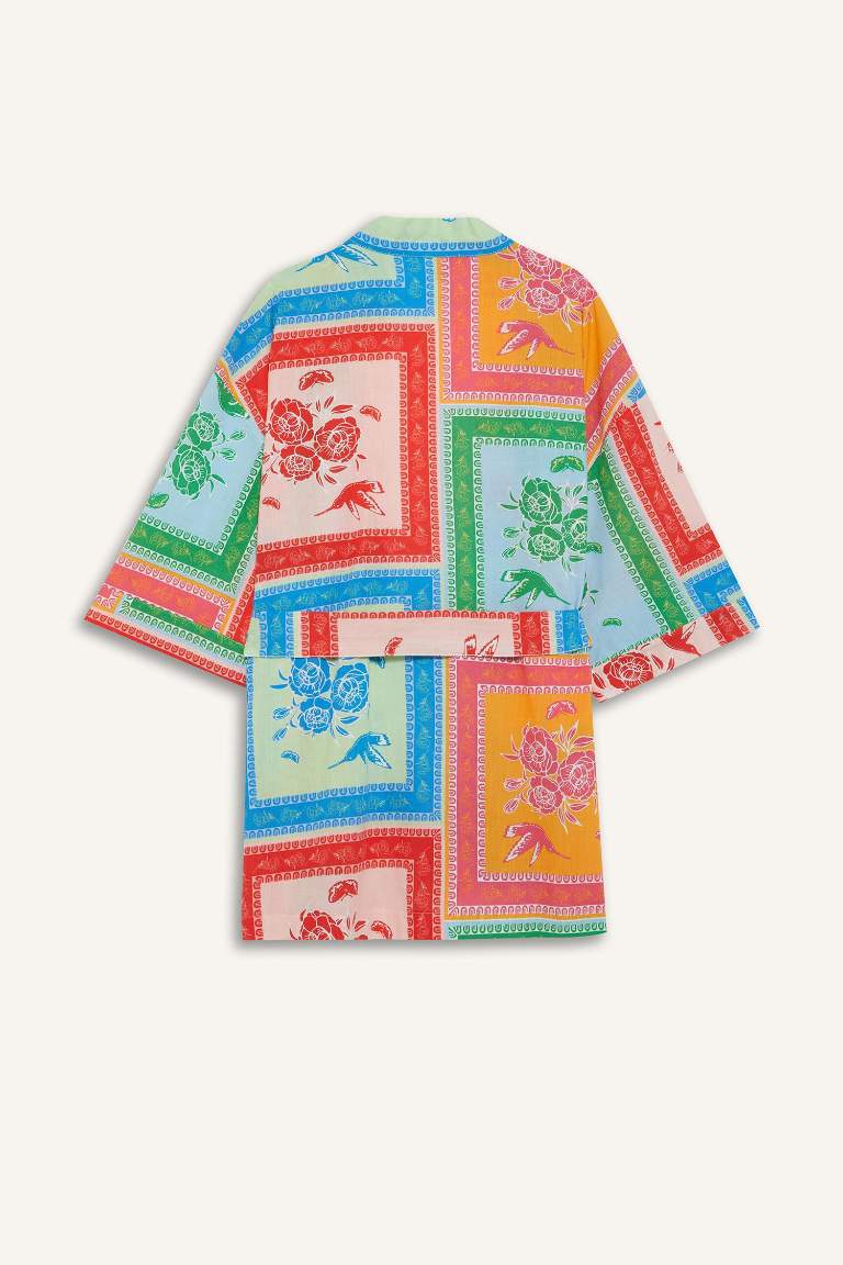 Regular Fit Desenli Kuşaklı Pamuklu Kimono-Fall in Love