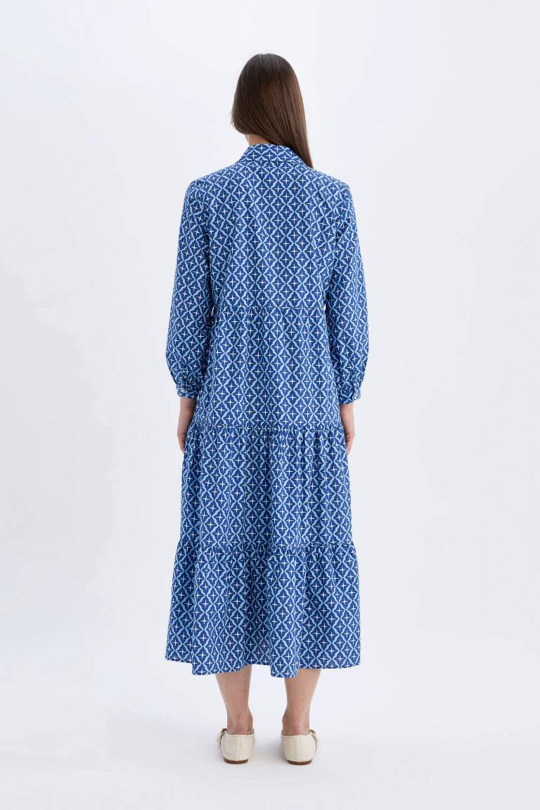 Relax Fit Gömlek Yaka Desenli Poplin Uzun Kollu Maxi Elbise