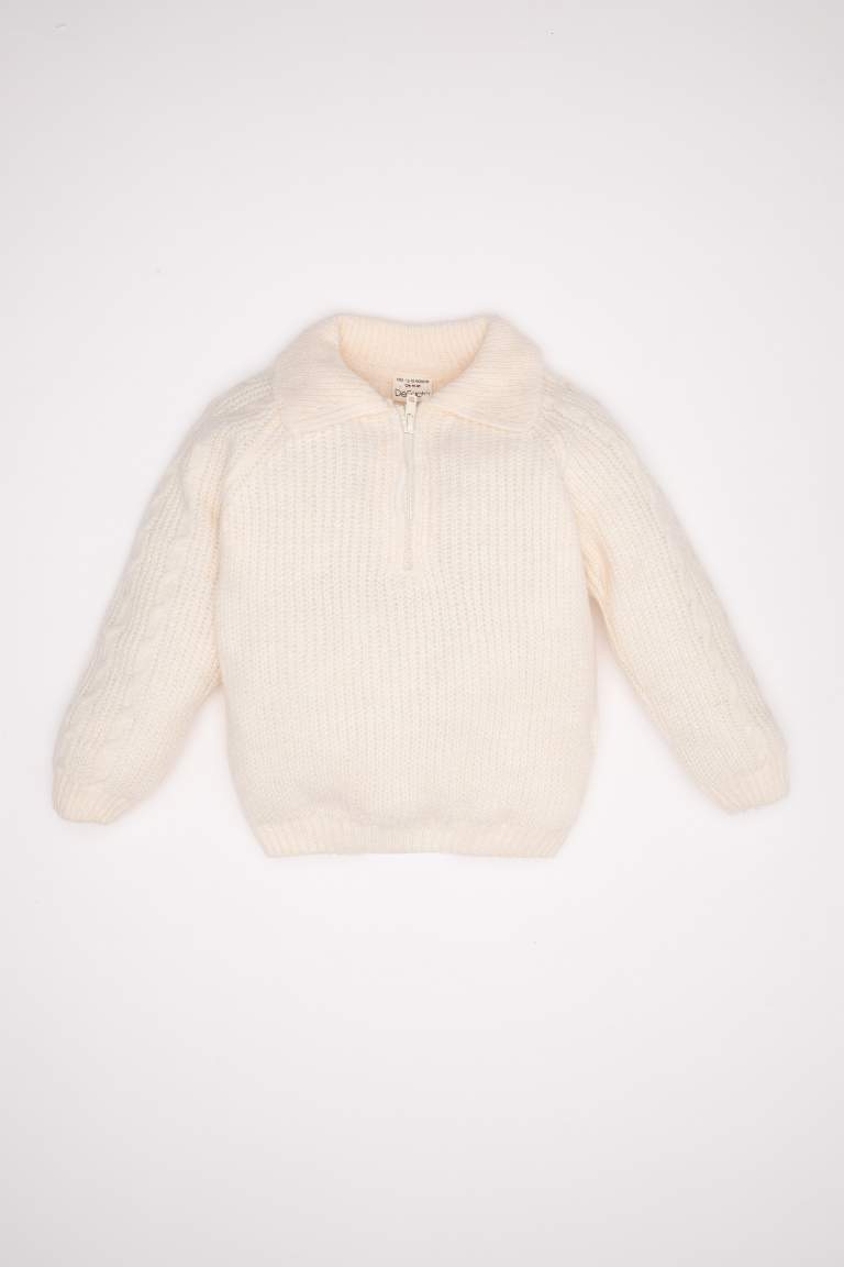 Baby Girl Beige Large Collar Zippered Knitted Pullover