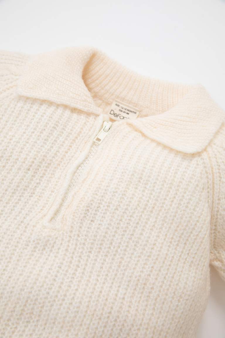 Baby Girl Beige Large Collar Zippered Knitted Pullover