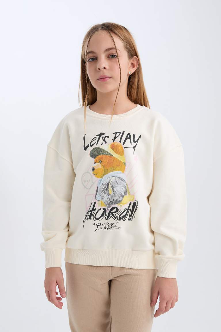 Girl Oversize Fit Crew Neck Bear Printed Sweatshirt