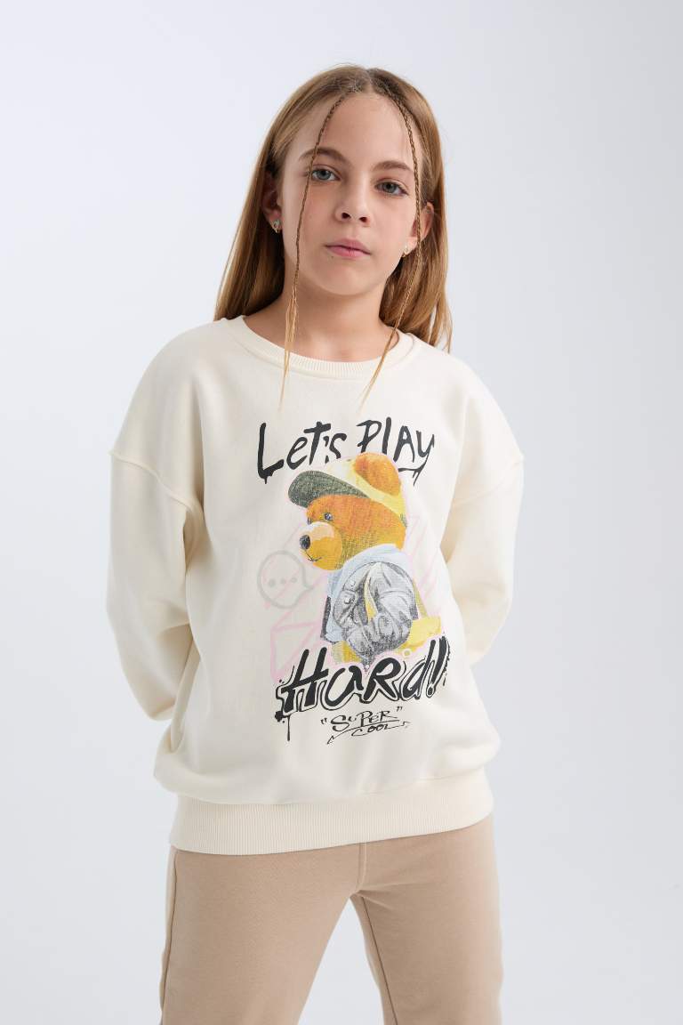 Girl Oversize Fit Crew Neck Bear Printed Sweatshirt