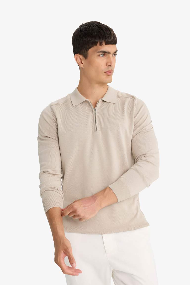 Standart Fit Normal Kesim Fermuarlı Polo Yaka Triko Kazak