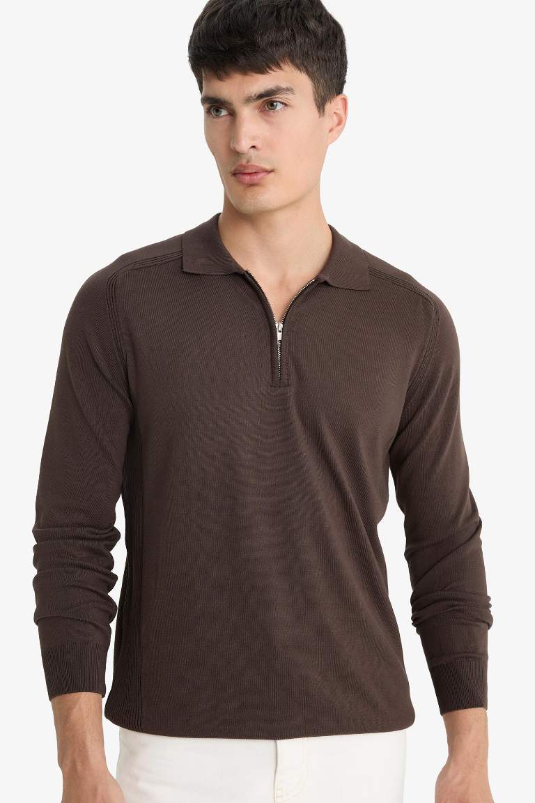 Standart Fit Polo Yaka Yarım Fermuarlı Premium Triko Kazak