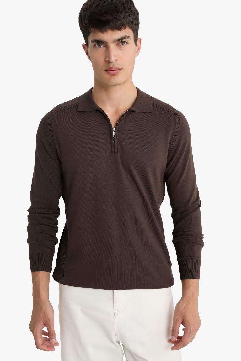 Standart Fit Polo Yaka Yarım Fermuarlı Premium Triko Kazak